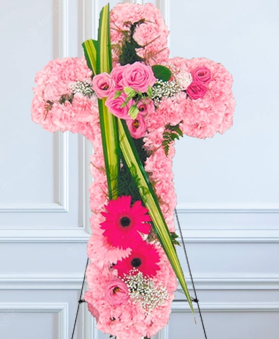 Enviar Cruces funerarias con claveles rosas al tanatorio